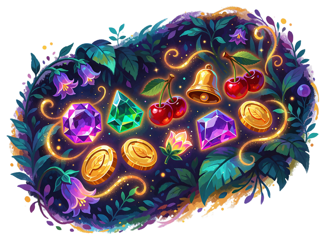 Sv&aelig;vende klynge af &aelig;delsten, kirseb&aelig;r, guldklokke og m&oslash;nter i jungletema - illustration til online slots