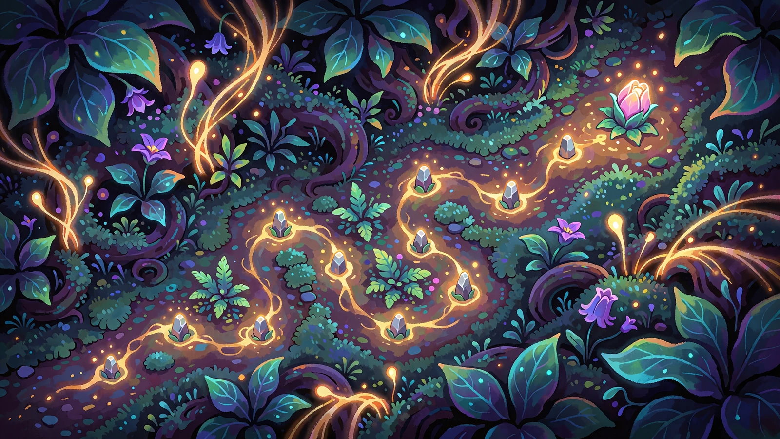 Gylden sti med otte lysende sten set oppefra gennem en m&oslash;rk jungle - illustration af Bonus Map hos Wild Chance Casino