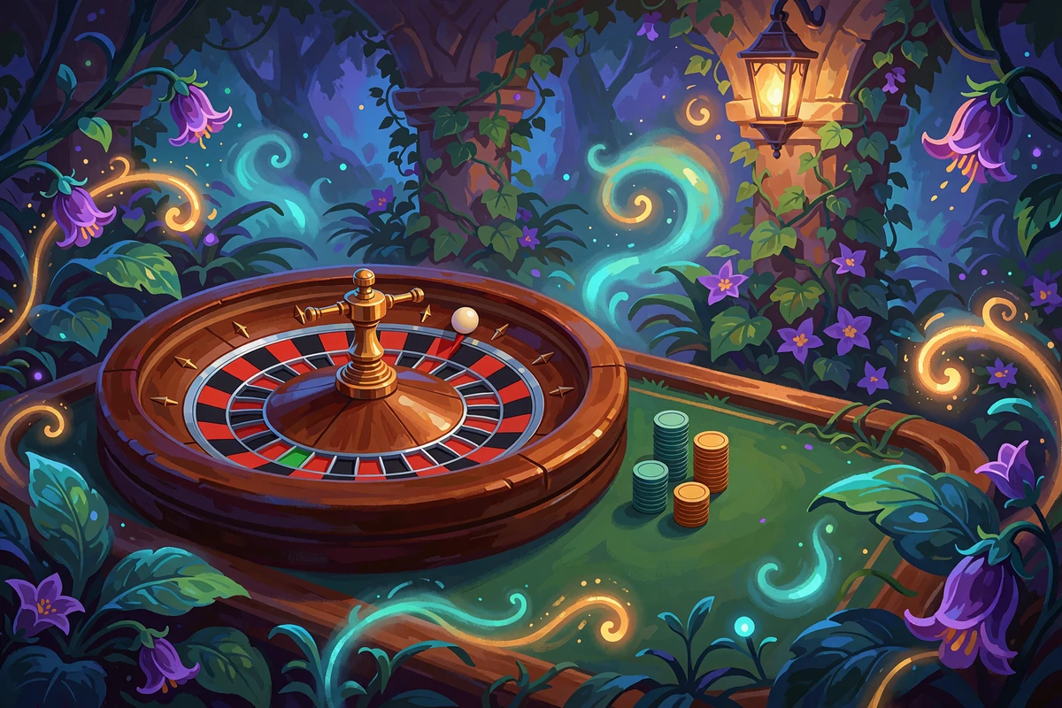 Roulettehjul af tr&aelig; p&aring; gr&oslash;nt filtbord i en vinkl&aelig;dt stenhal - illustration af live casino og roulette