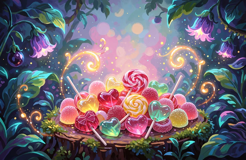 Glinsende slik p&aring; en mosbegroet tr&aelig;stub - illustration til slotten Sugar Rush fra Pragmatic Play